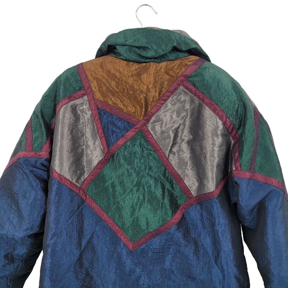 Vtg 80s Colorblock Nylon Winter‎ Jacket Coat Sz M Metallic Multicolor Geometric